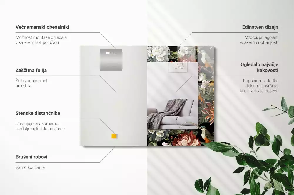 Miroir avec imprimé rectangulaire Fleurs et oiseaux