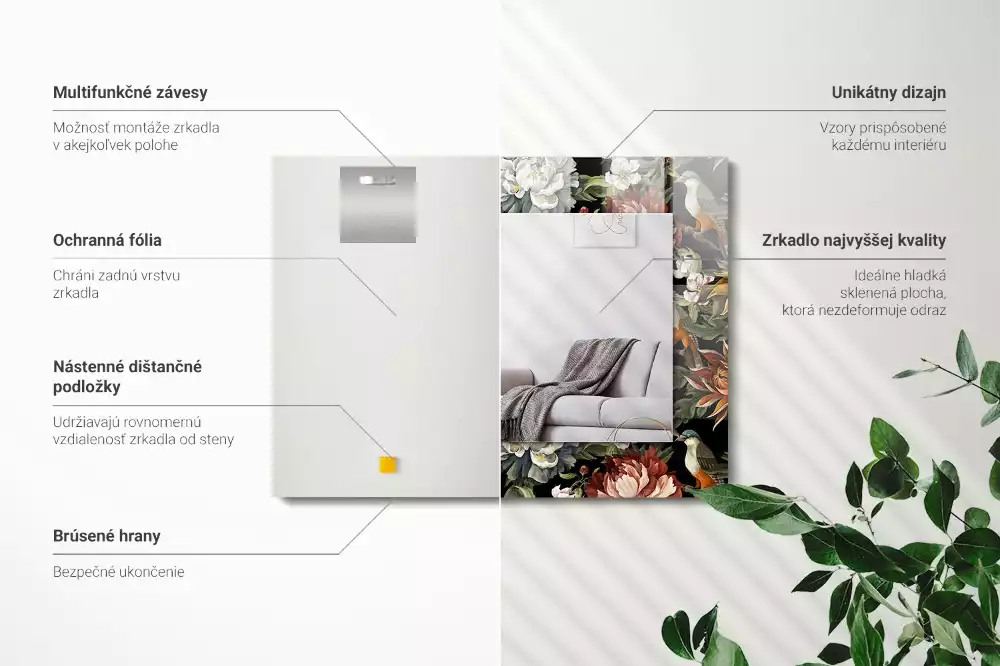 Miroir avec imprimé rectangulaire Fleurs et oiseaux