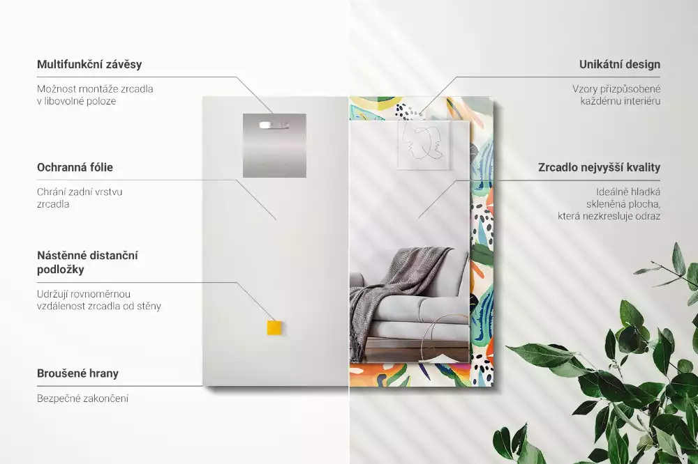 Miroir avec imprimé rectangulaire Motif feuilles colorées