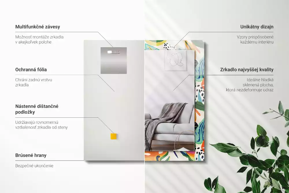 Miroir avec imprimé rectangulaire Motif feuilles colorées