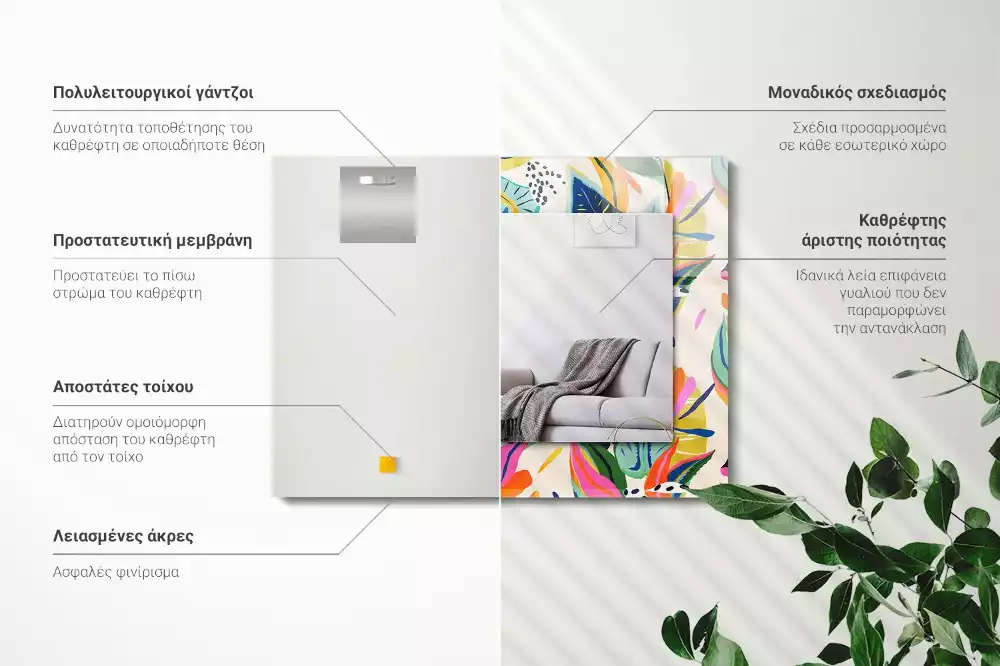 Miroir avec imprimé rectangulaire Motif feuilles colorées