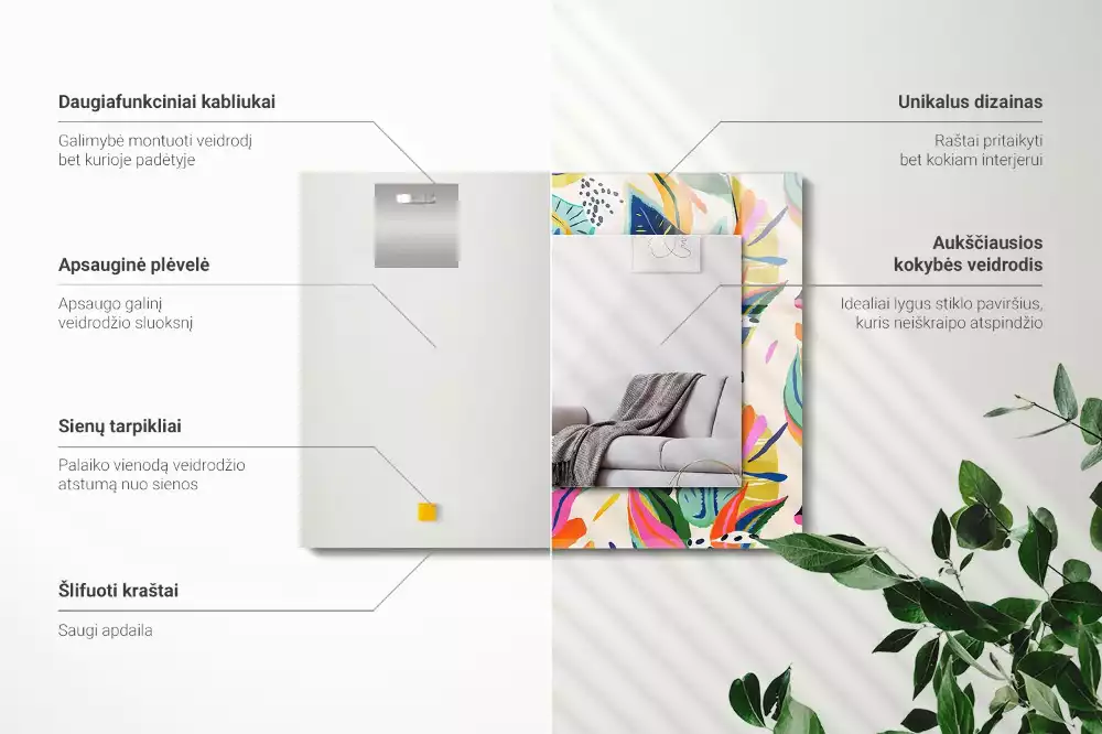 Miroir avec imprimé rectangulaire Motif feuilles colorées