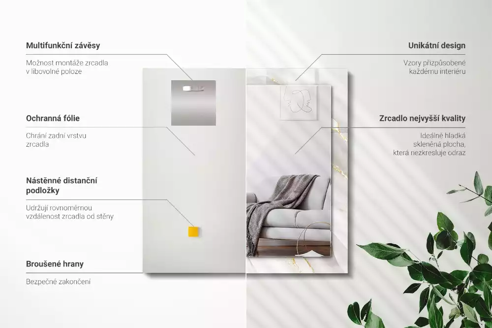 Miroir avec imprimé décoratif rectangulaire Marbre gris