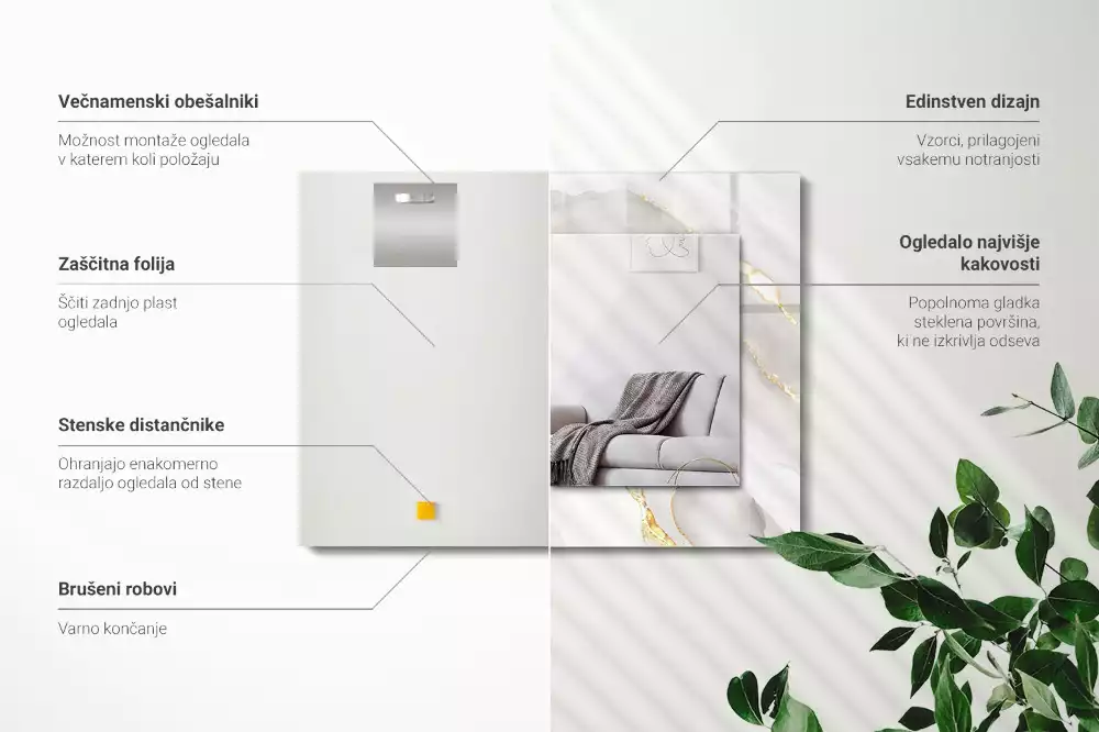 Miroir avec imprimé décoratif rectangulaire Marbre gris