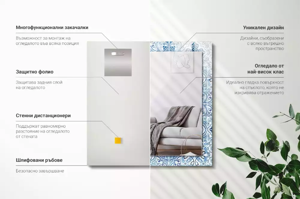 Miroir avec imprimé rectangulaire Carreaux décoratifs bleus