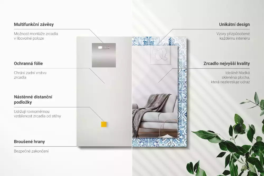 Miroir avec imprimé rectangulaire Carreaux décoratifs bleus