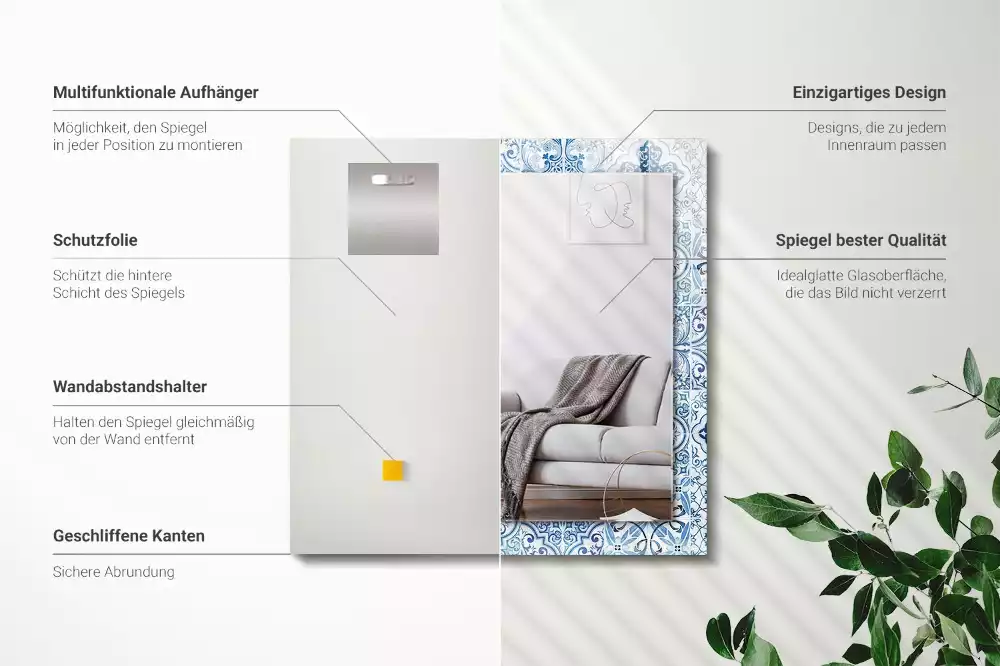 Miroir avec imprimé rectangulaire Carreaux décoratifs bleus