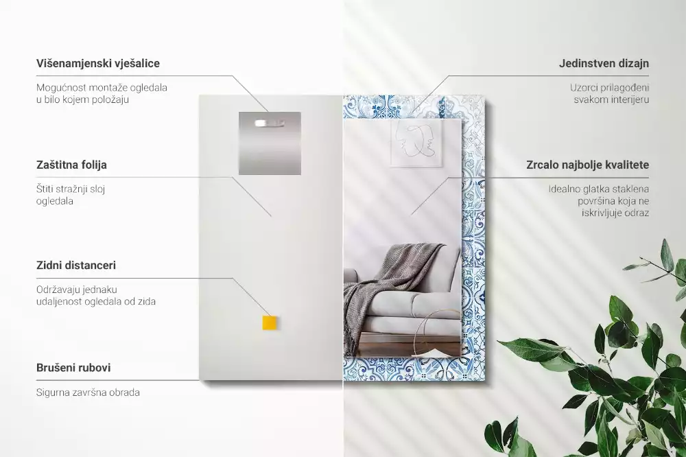 Miroir avec imprimé rectangulaire Carreaux décoratifs bleus