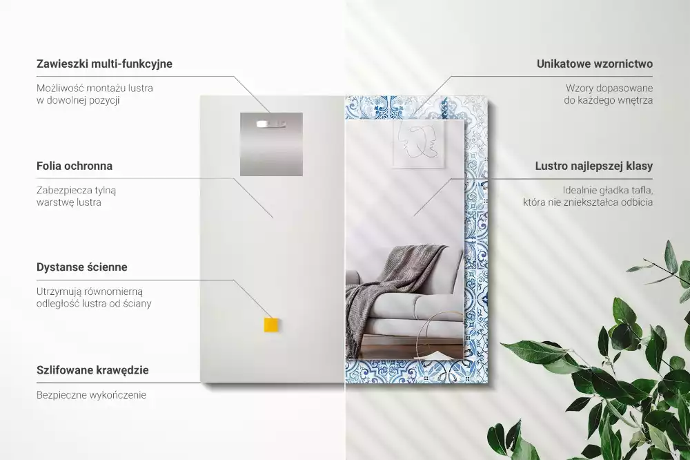 Miroir avec imprimé rectangulaire Carreaux décoratifs bleus