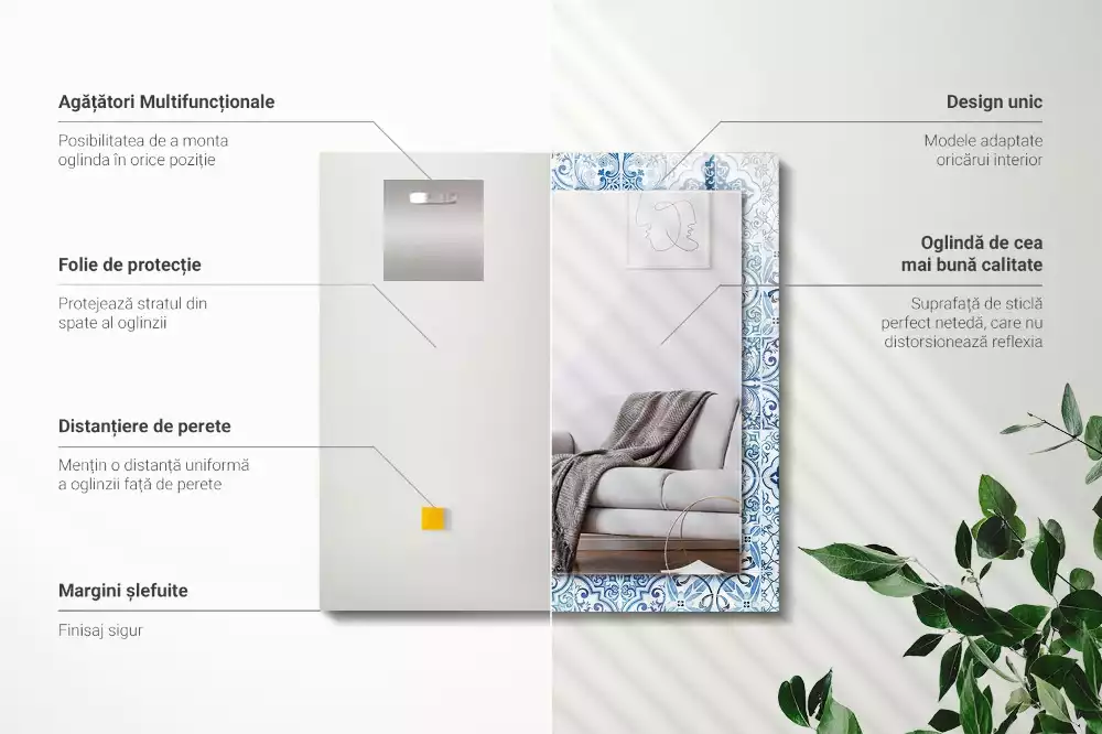 Miroir avec imprimé rectangulaire Carreaux décoratifs bleus