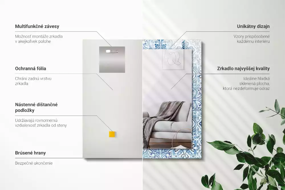 Miroir avec imprimé rectangulaire Carreaux décoratifs bleus