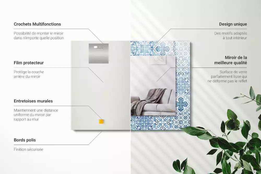 Miroir avec imprimé rectangulaire Carreaux décoratifs bleus