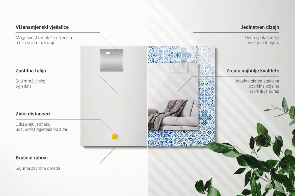 Miroir avec imprimé rectangulaire Carreaux décoratifs bleus