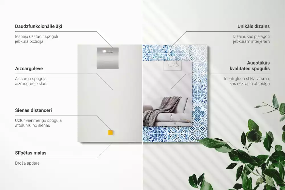 Miroir avec imprimé rectangulaire Carreaux décoratifs bleus