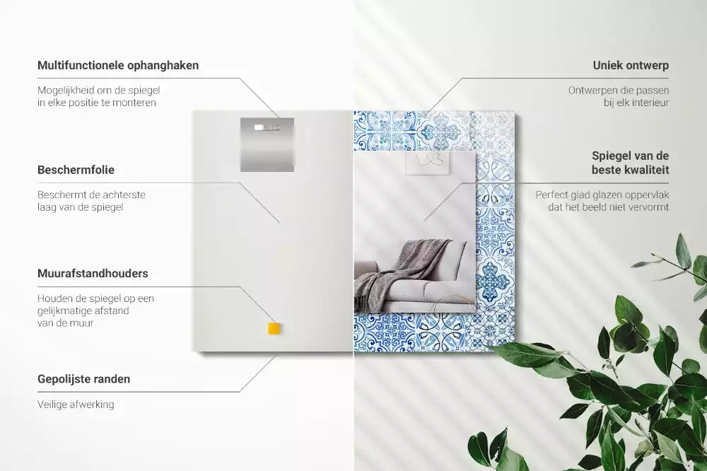 Miroir avec imprimé rectangulaire Carreaux décoratifs bleus