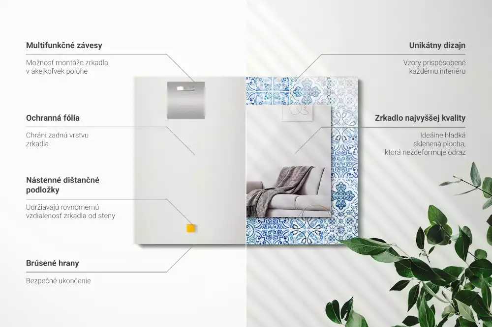 Miroir avec imprimé rectangulaire Carreaux décoratifs bleus