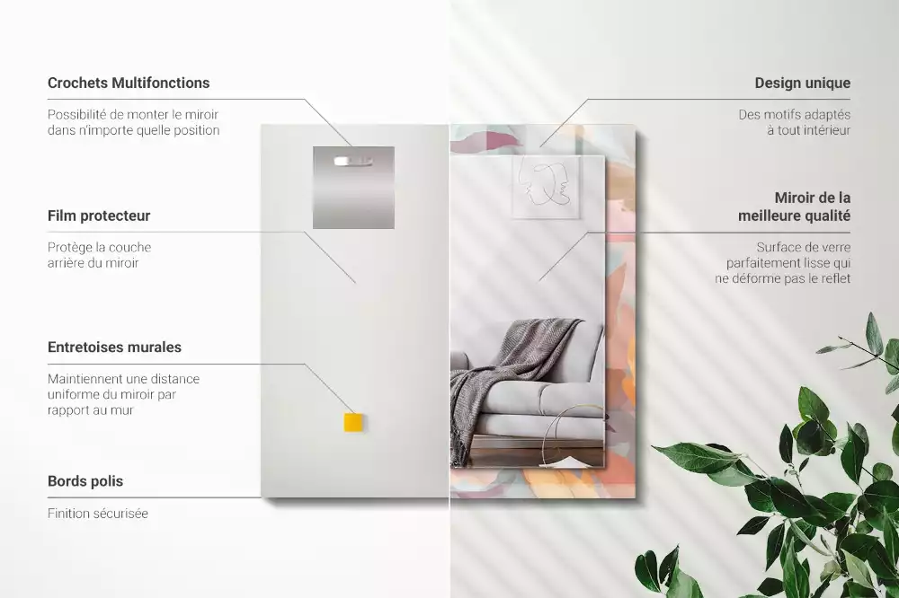 Miroir avec imprimé décoratif rectangulaire Fleurs feuilles pastel