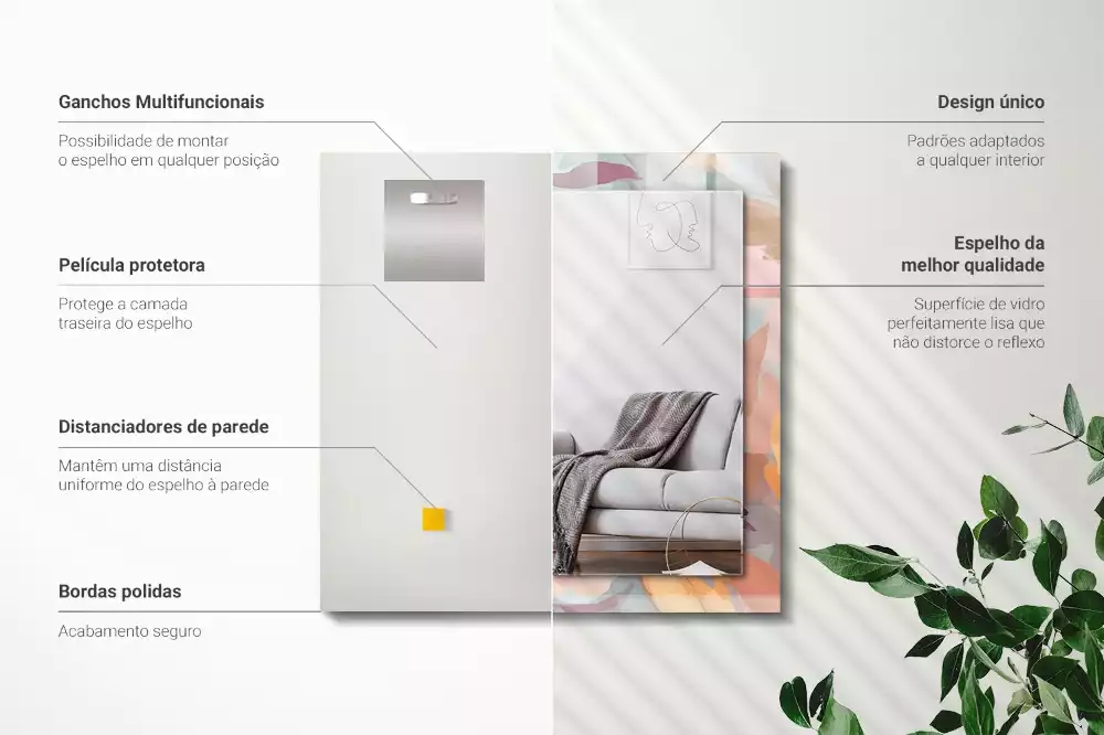 Miroir avec imprimé décoratif rectangulaire Fleurs feuilles pastel