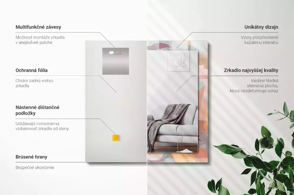 Miroir avec imprimé décoratif rectangulaire Fleurs feuilles pastel