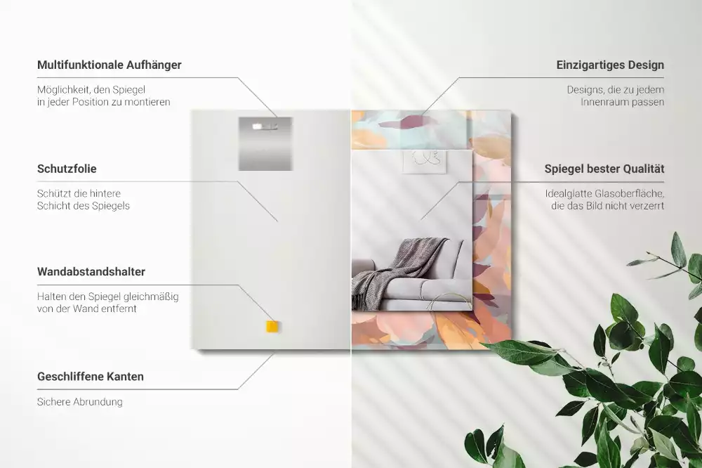 Miroir avec imprimé décoratif rectangulaire Fleurs feuilles pastel