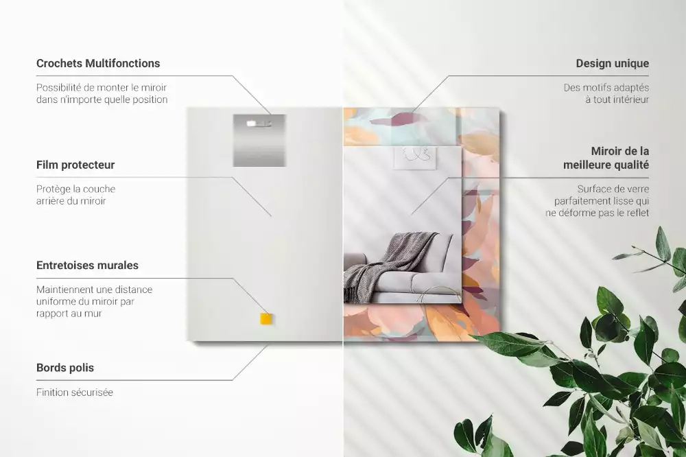 Miroir avec imprimé décoratif rectangulaire Fleurs feuilles pastel