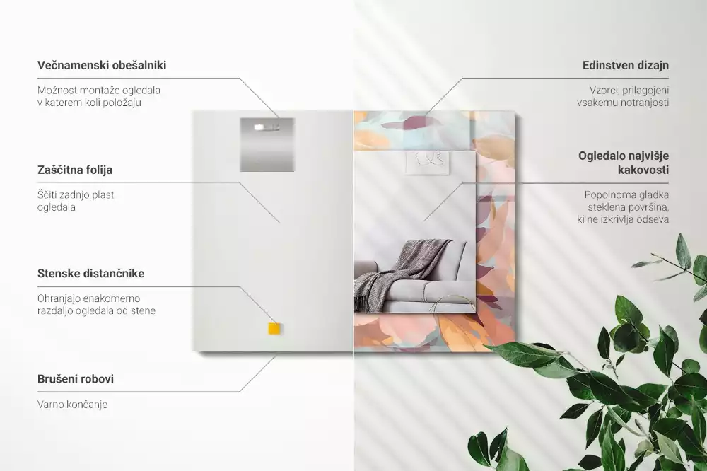 Miroir avec imprimé décoratif rectangulaire Fleurs feuilles pastel