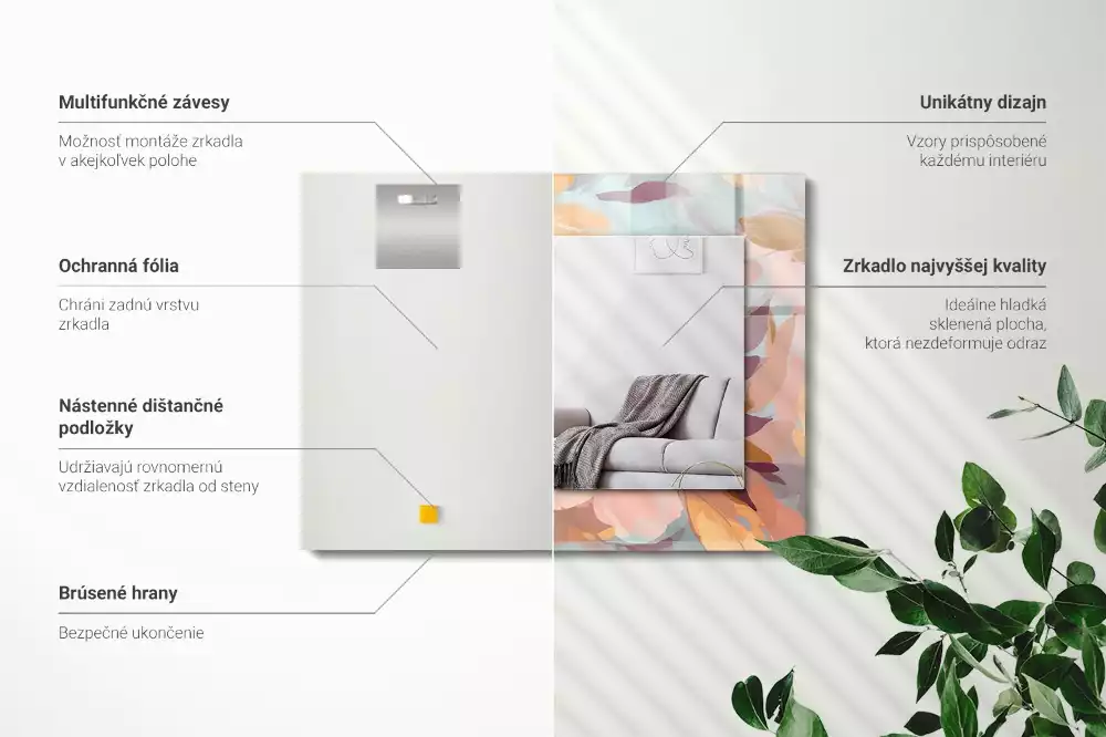 Miroir avec imprimé décoratif rectangulaire Fleurs feuilles pastel