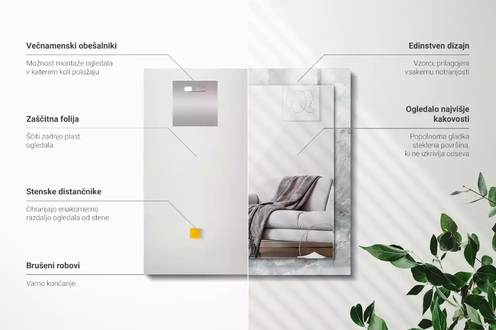 Miroir avec imprimé rectangulaire Marbre veiné gris