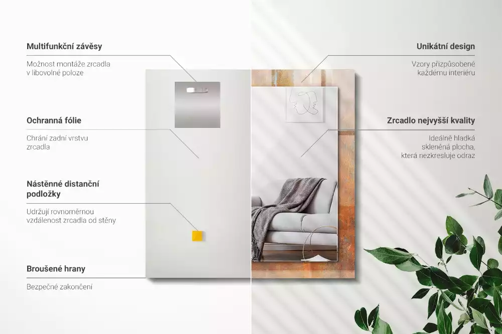 Miroir avec imprimé décoratif rectangulaire Surface rouille métallique