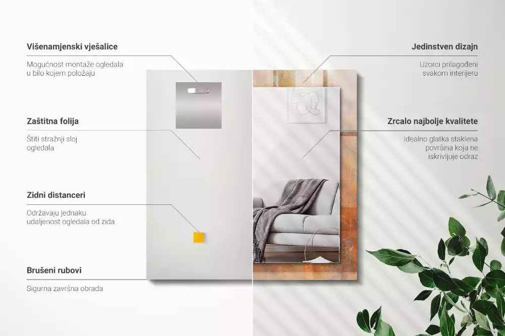 Miroir avec imprimé décoratif rectangulaire Surface rouille métallique