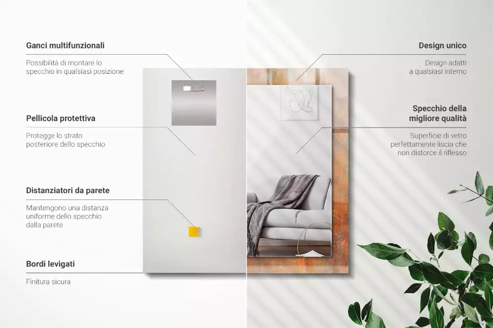 Miroir avec imprimé décoratif rectangulaire Surface rouille métallique