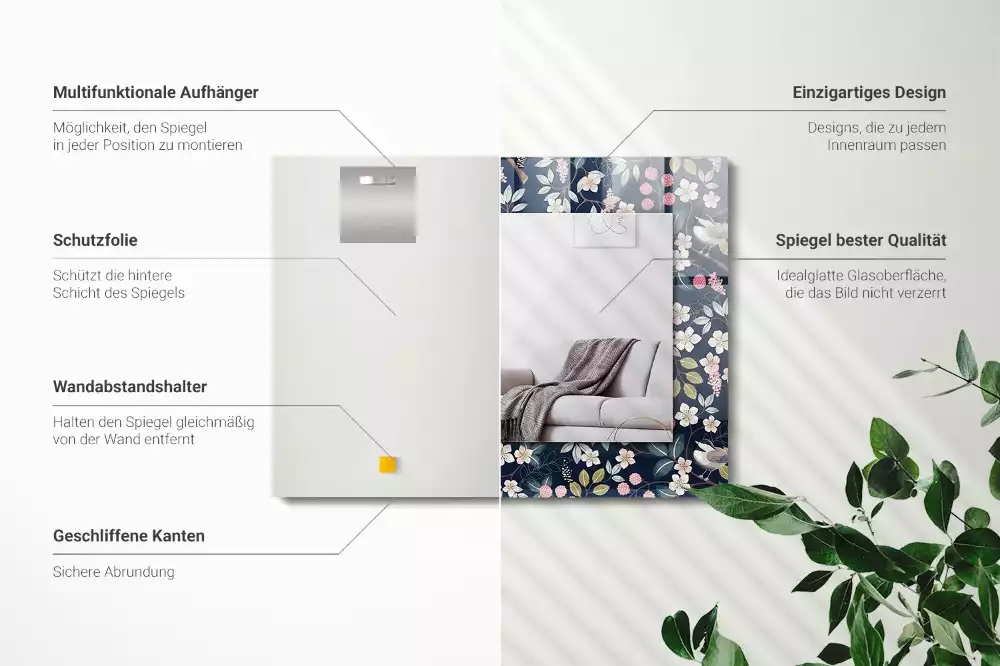 Miroir avec imprimé décoratif rectangulaire Fleurs feuilles oiseaux