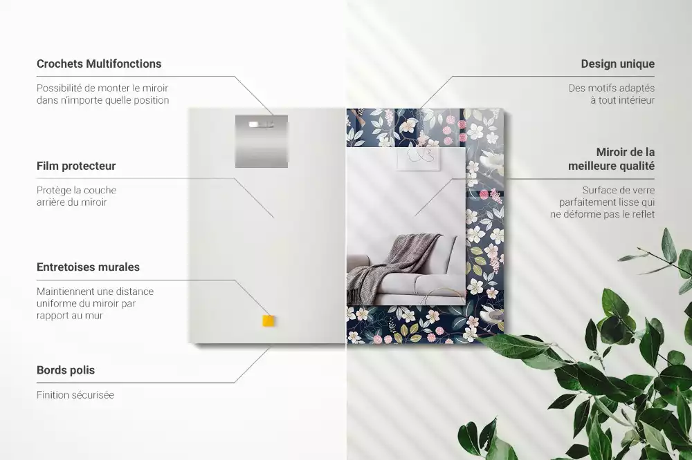 Miroir avec imprimé décoratif rectangulaire Fleurs feuilles oiseaux