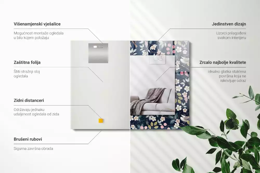 Miroir avec imprimé décoratif rectangulaire Fleurs feuilles oiseaux