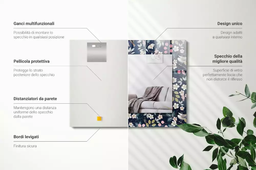 Miroir avec imprimé décoratif rectangulaire Fleurs feuilles oiseaux