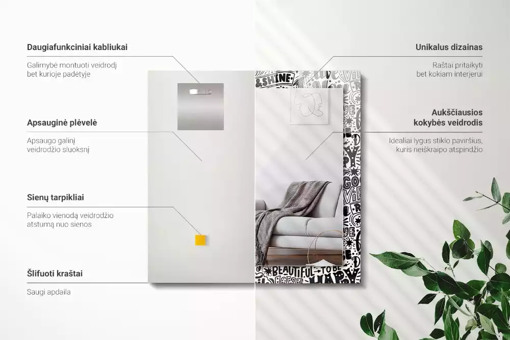 Miroir avec imprimé rectangulaire Inscriptions motivation manuscrites