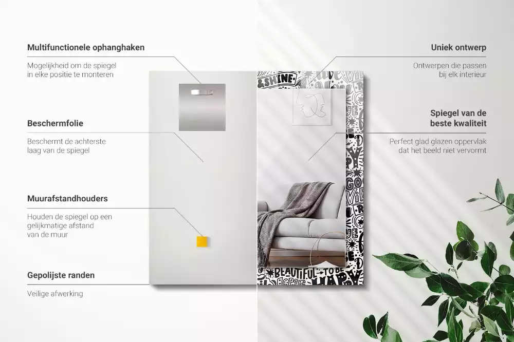 Miroir avec imprimé rectangulaire Inscriptions motivation manuscrites