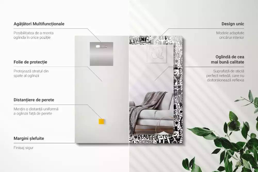 Miroir avec imprimé rectangulaire Inscriptions motivation manuscrites