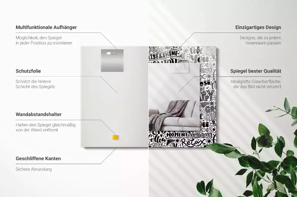 Miroir avec imprimé rectangulaire Inscriptions motivation manuscrites