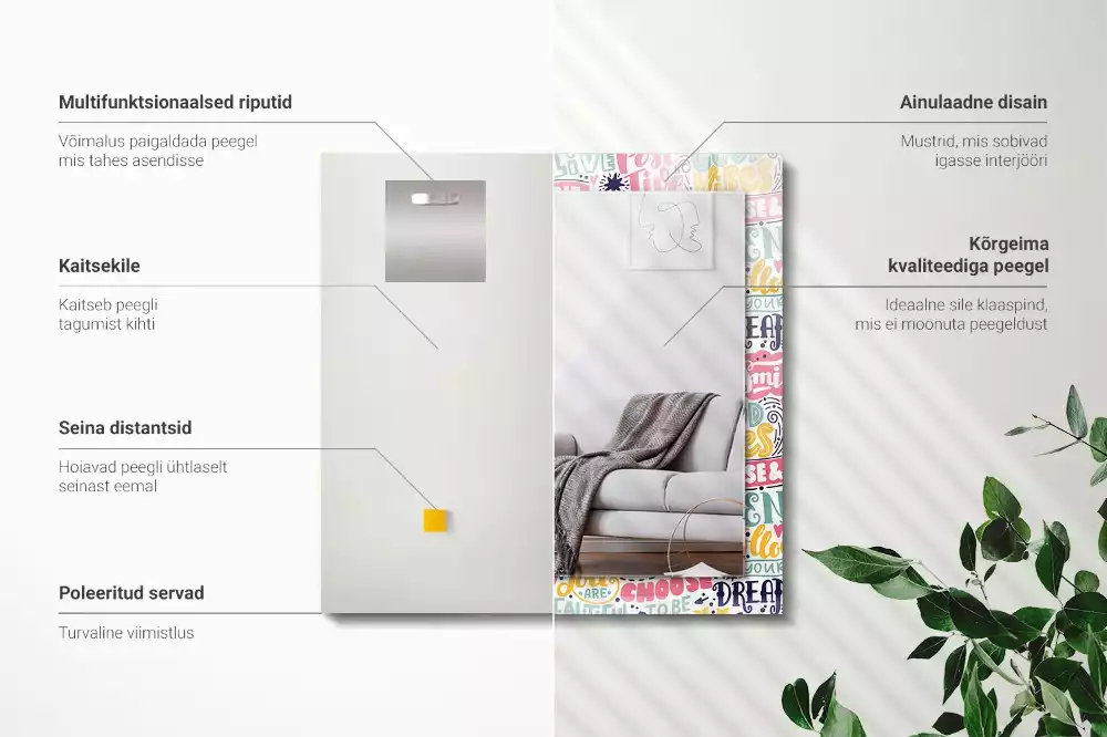 Miroir avec imprimé décoratif rectangulaire Inscriptions motivation colorées