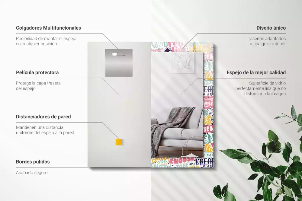 Miroir avec imprimé décoratif rectangulaire Inscriptions motivation colorées