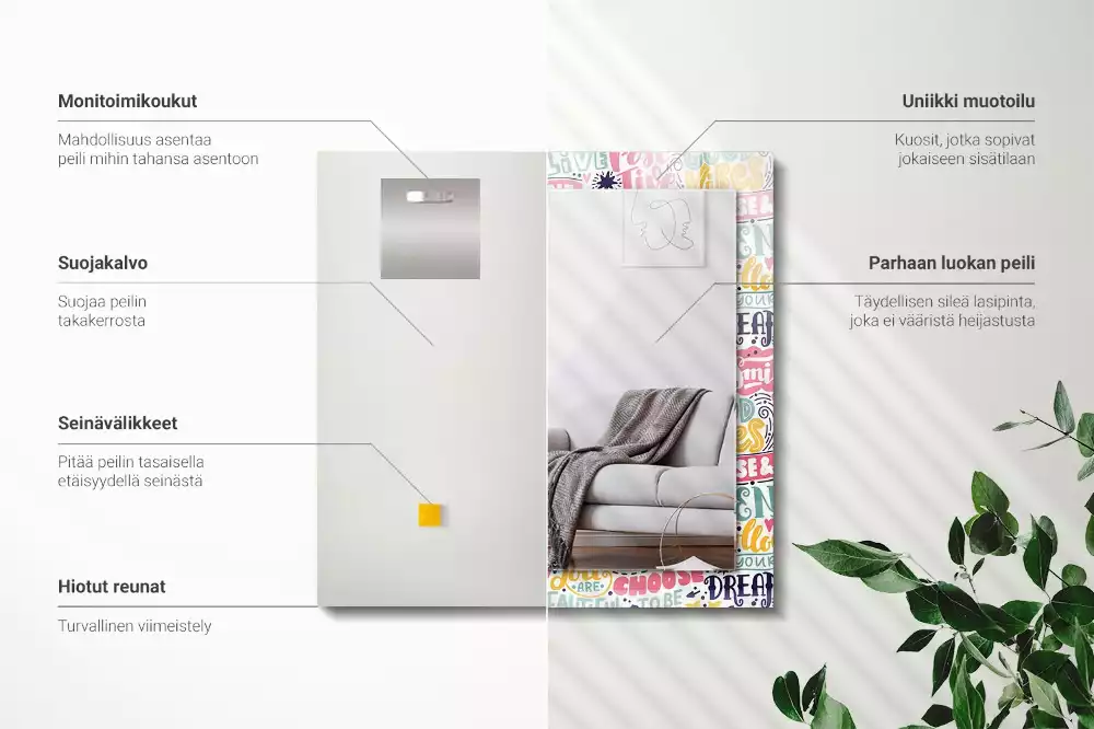 Miroir avec imprimé décoratif rectangulaire Inscriptions motivation colorées