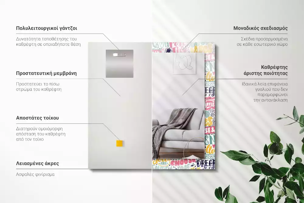 Miroir avec imprimé décoratif rectangulaire Inscriptions motivation colorées