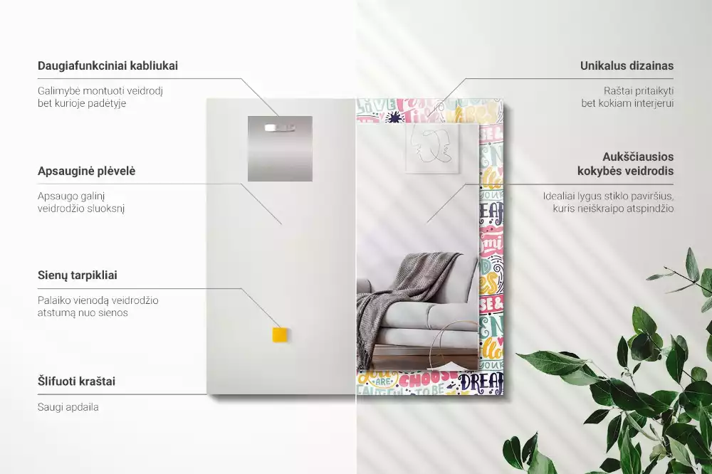 Miroir avec imprimé décoratif rectangulaire Inscriptions motivation colorées