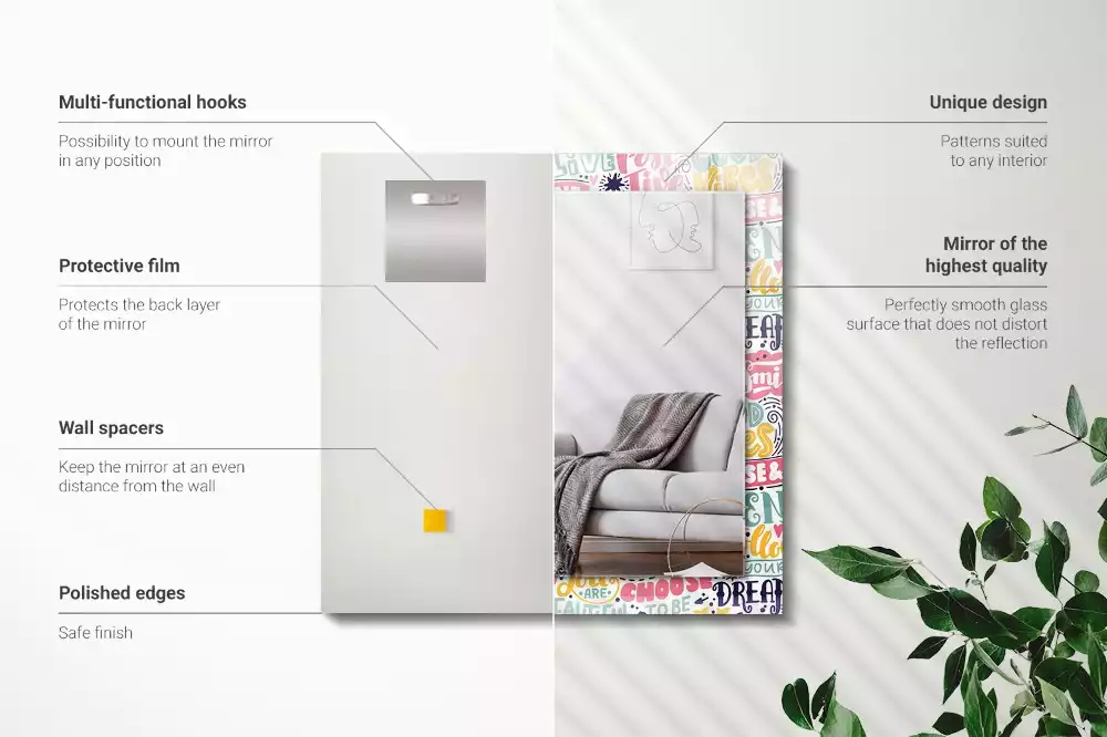 Miroir avec imprimé décoratif rectangulaire Inscriptions motivation colorées