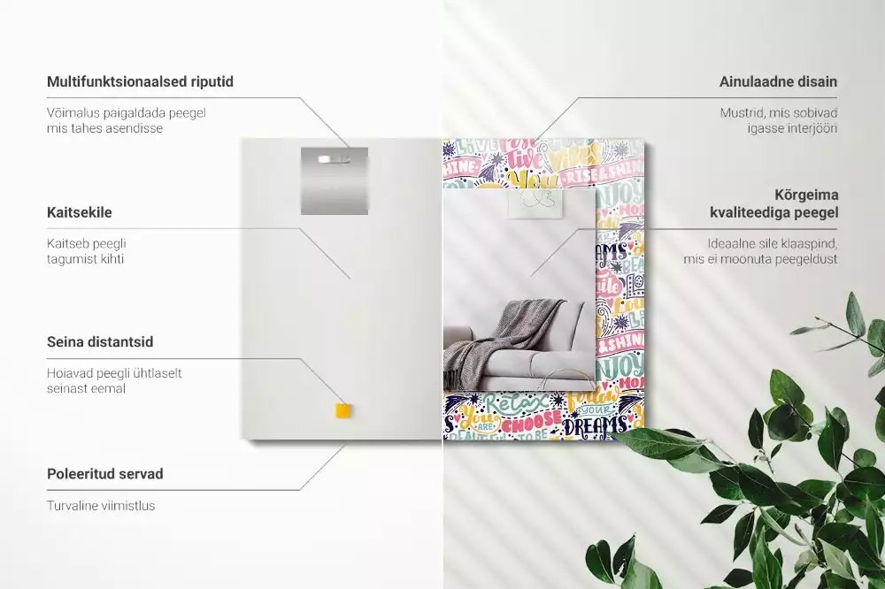 Miroir avec imprimé décoratif rectangulaire Inscriptions motivation colorées