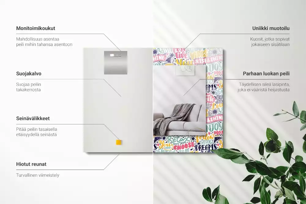 Miroir avec imprimé décoratif rectangulaire Inscriptions motivation colorées