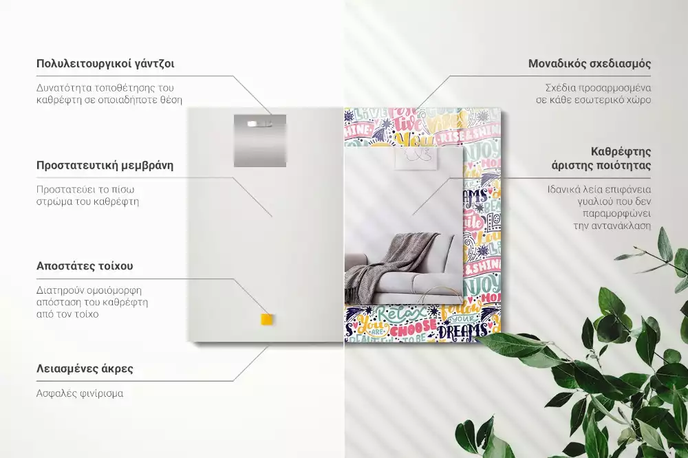 Miroir avec imprimé décoratif rectangulaire Inscriptions motivation colorées