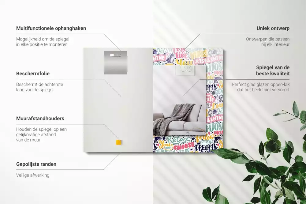 Miroir avec imprimé décoratif rectangulaire Inscriptions motivation colorées