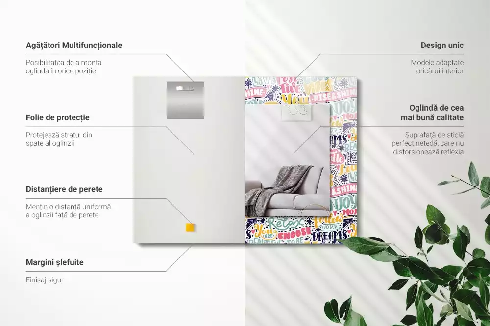 Miroir avec imprimé décoratif rectangulaire Inscriptions motivation colorées